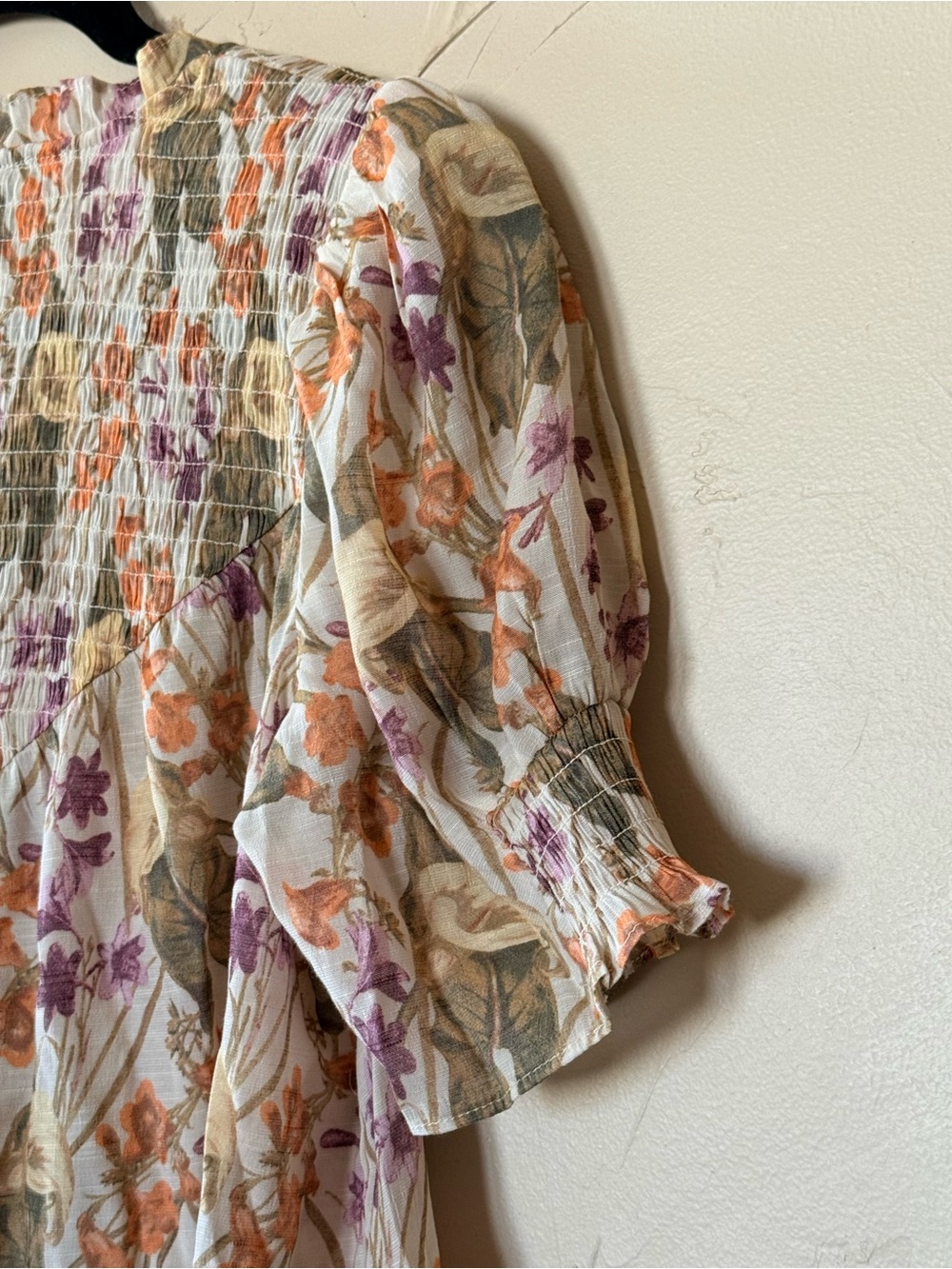 Rose & Olive Floral Smocked V-Neck Top Orange Purple green cottagecore boho - Picture 7 of 9